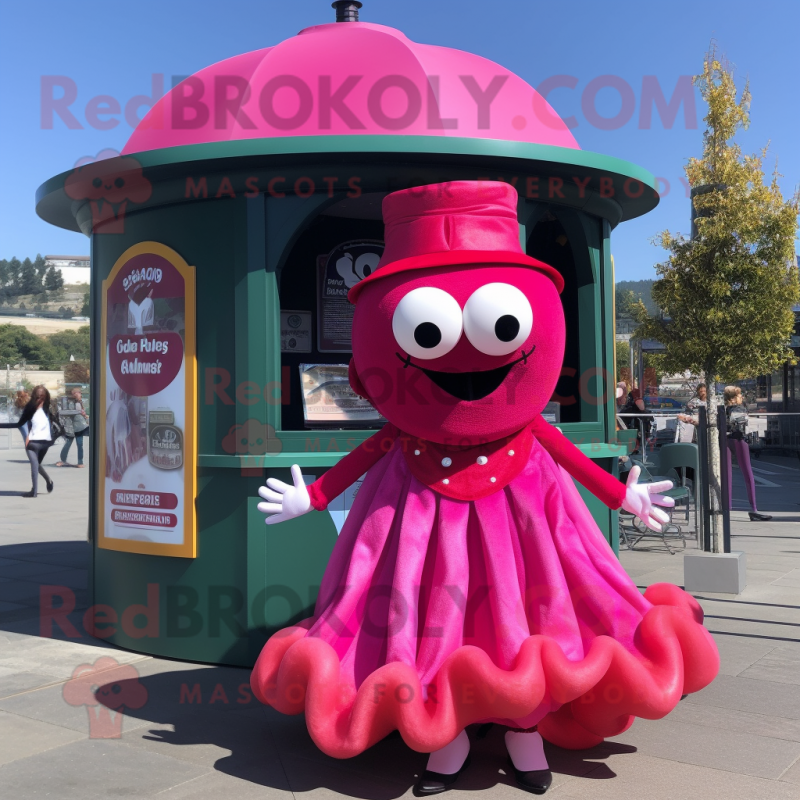 Magenta Fried Calamari mascot costume character dressed with a Circle Skirt and Berets