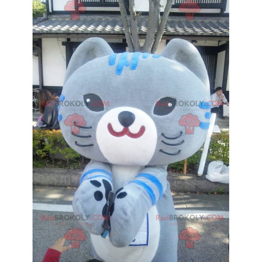 Duży szary i niebieski kot maskotka manga sposób -