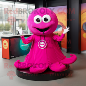 Magenta Fried Calamari mascot costume character dressed with a Circle Skirt and Berets