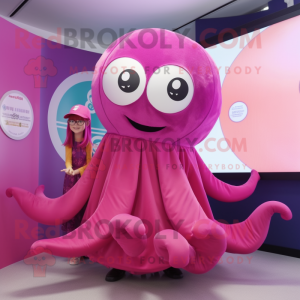Magenta Fried Calamari mascot costume character dressed with a Circle Skirt and Berets