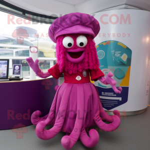 Magenta Fried Calamari mascot costume character dressed with a Circle Skirt and Berets