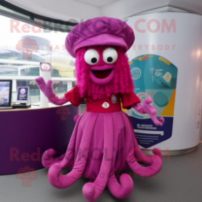 Magenta Fried Calamari mascot costume character dressed with a Circle Skirt and Berets