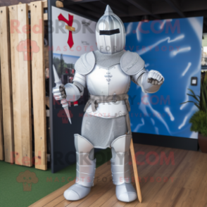 Silver Medieval Knight mascot costume character dressed with a T-Shirt and Ties