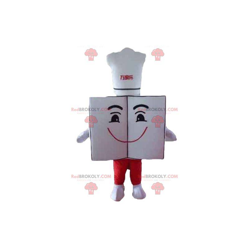 Kæmpe og smilende restaurantmenu-maskot med kokkehue -