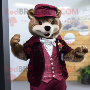 Maroon Marten mascot costume character dressed with a Waistcoat and Headbands