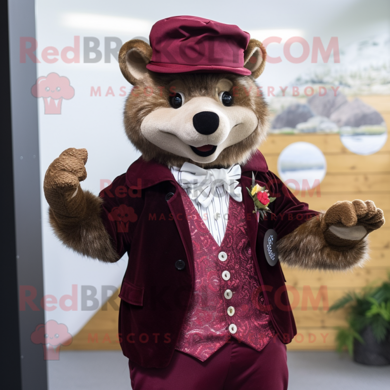 Maroon Marten mascot costume character dressed with a Waistcoat and Headbands