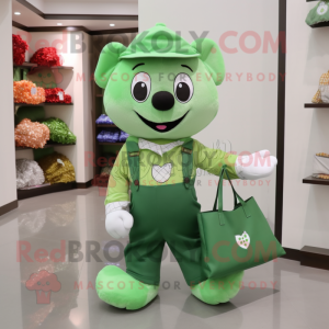 Olive Four Leaf Clover mascot costume character dressed with a Overalls and Tote bags