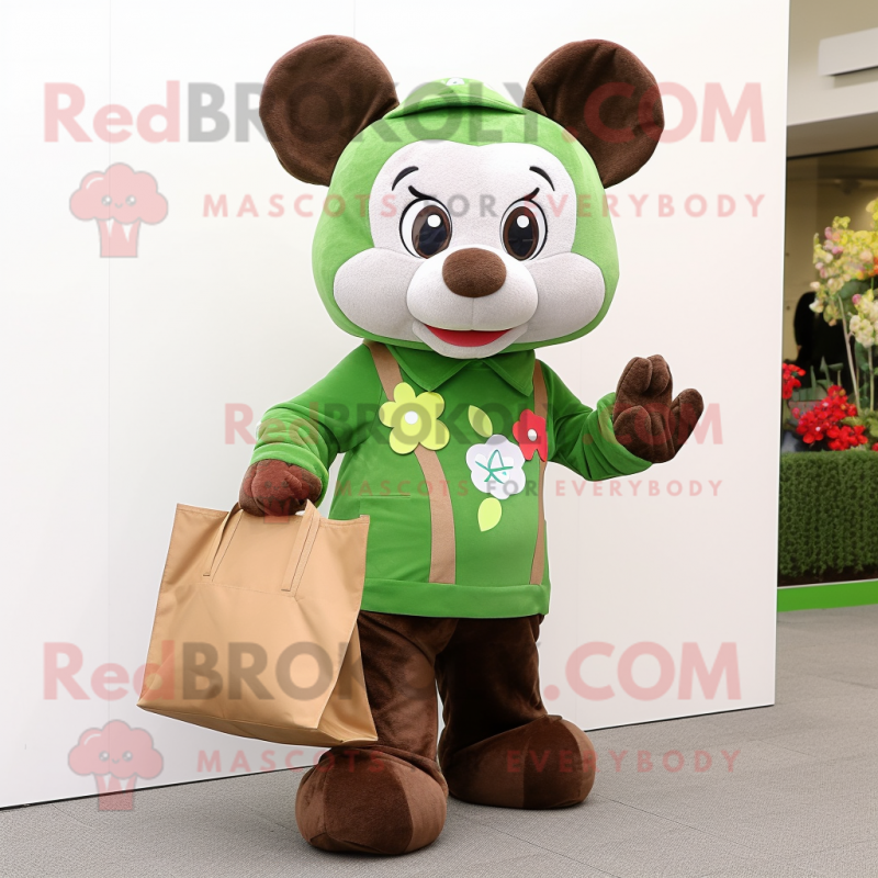 Olive Four Leaf Clover mascot costume character dressed with a Overalls and Tote bags