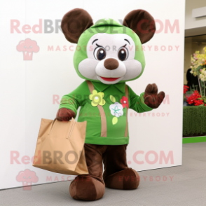 Olive Four Leaf Clover mascot costume character dressed with a Overalls and Tote bags