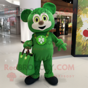 Olive Four Leaf Clover mascot costume character dressed with a Overalls and Tote bags