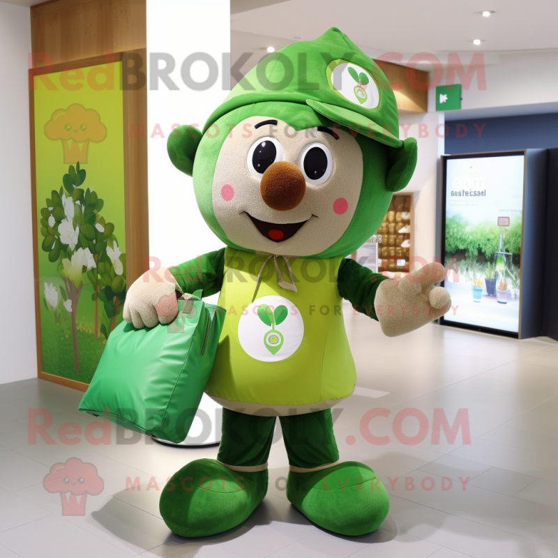 Olive Four Leaf Clover mascot costume character dressed with a Overalls and Tote bags