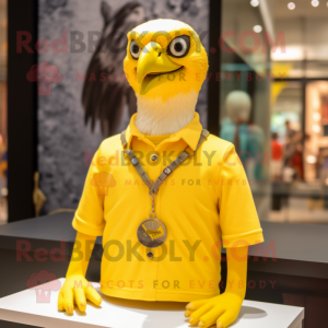 Lemon Yellow Hawk mascot costume character dressed with a Oxford Shirt and Necklaces