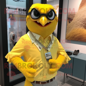 Lemon Yellow Hawk mascot costume character dressed with a Oxford Shirt and Necklaces