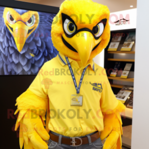 Lemon Yellow Hawk mascot costume character dressed with a Oxford Shirt and Necklaces