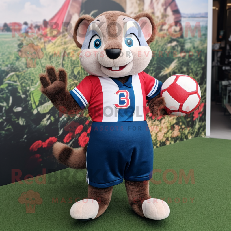 nan Weasel mascot costume character dressed with a Rugby Shirt and Foot pads