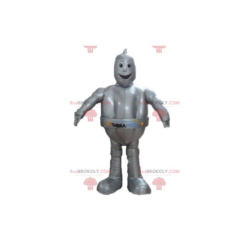 Mascotte robot grigio metallizzato gigante e sorridente -