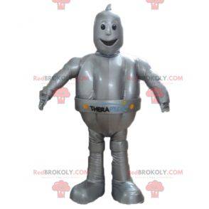 Mascotte robot grigio metallizzato gigante e sorridente -