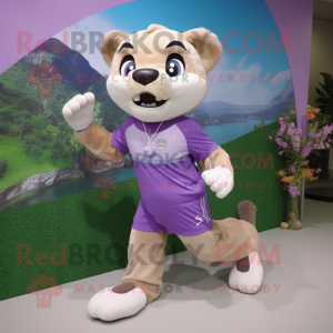 Lavender Mountain Lion mascot costume character dressed with a Running Shorts and Keychains