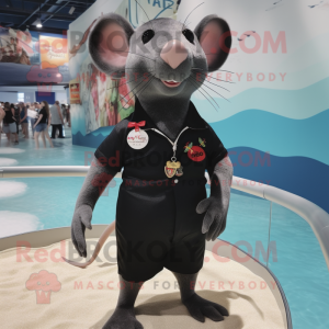 Black Rat mascot costume character dressed with a One-Piece Swimsuit and Lapel pins