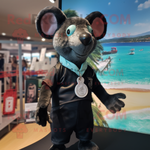 Black Rat mascot costume character dressed with a One-Piece Swimsuit and Lapel pins