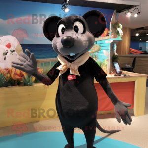 Black Rat mascot costume character dressed with a One-Piece Swimsuit and Lapel pins