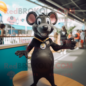 Black Rat mascot costume character dressed with a One-Piece Swimsuit and Lapel pins