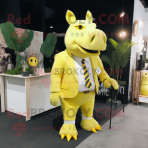 Lemon Yellow Rhinoceros mascot costume character dressed with a Suit Pants and Wallets