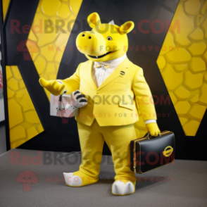 Lemon Yellow Rhinoceros mascot costume character dressed with a Suit Pants and Wallets