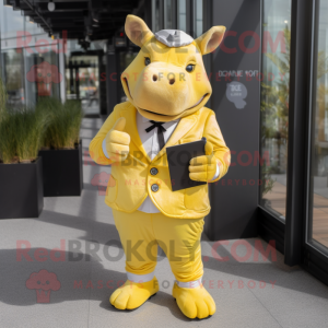 Lemon Yellow Rhinoceros mascot costume character dressed with a Suit Pants and Wallets