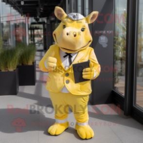 Lemon Yellow Rhinoceros mascot costume character dressed with a Suit Pants and Wallets