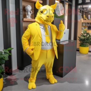 Lemon Yellow Rhinoceros mascot costume character dressed with a Suit Pants and Wallets