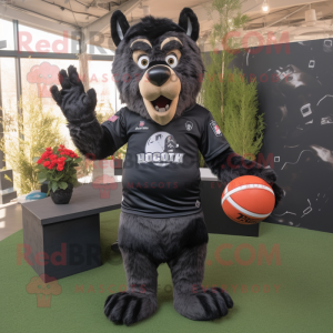 Black Wolf mascot costume character dressed with a Rugby Shirt and Beanies