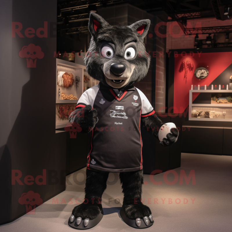 Black Wolf mascot costume character dressed with a Rugby Shirt and Beanies