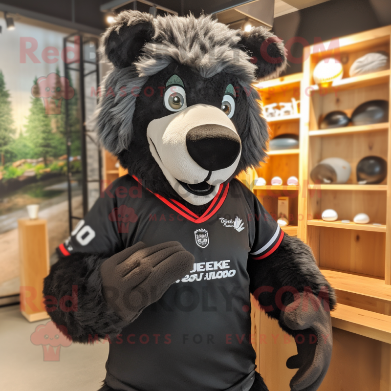 Black Wolf mascot costume character dressed with a Rugby Shirt and Beanies