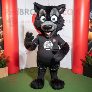 Black Wolf mascot costume character dressed with a Rugby Shirt and Beanies