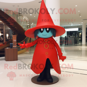 Red Witch'S Hat mascot costume character dressed with a Jeggings and Hat pins