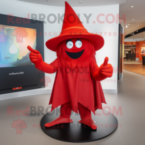 Red Witch'S Hat mascot costume character dressed with a Jeggings and Hat pins