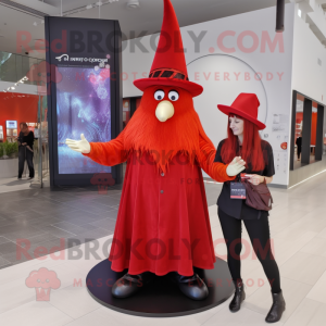 Red Witch'S Hat mascot costume character dressed with a Jeggings and Hat pins