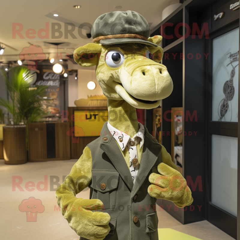 Olive Giraffe mascot costume character dressed with a Waistcoat and Berets