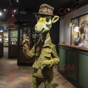 Olive Giraffe mascot costume character dressed with a Waistcoat and Berets