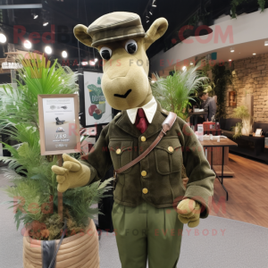 Olive Giraffe mascot costume character dressed with a Waistcoat and Berets