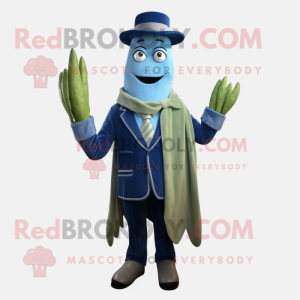 Blue Asparagus mascot costume character dressed with a Coat and Ties