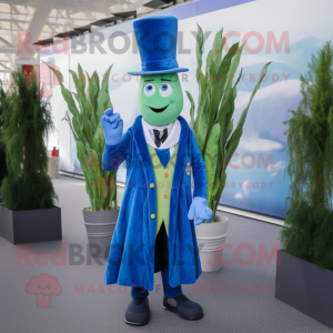 Blue Asparagus mascot costume character dressed with a Coat and Ties