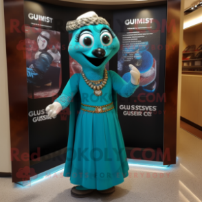 Turquoise Guinness mascot costume character dressed with a Wrap Dress and Necklaces