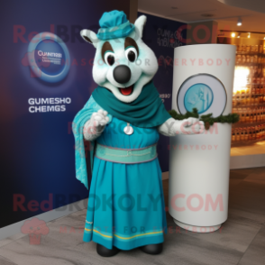 Turquoise Guinness mascot costume character dressed with a Wrap Dress and Necklaces