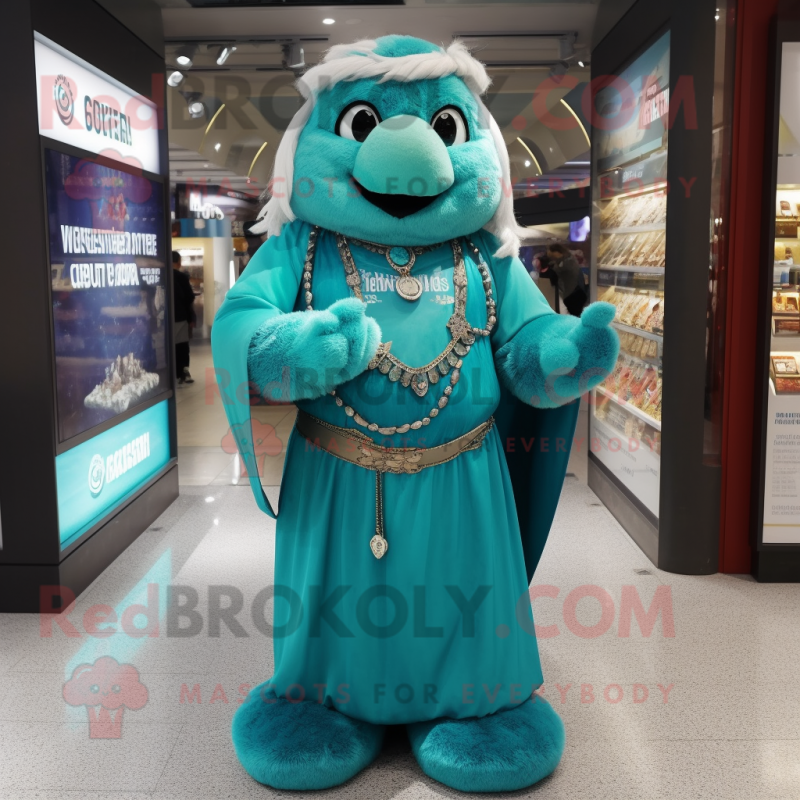 Turquoise Guinness mascot costume character dressed with a Wrap Dress and Necklaces Turquoise Guinness mascot costume character dressed with a Wrap Dress and Necklaces
