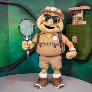 Tan Tennis Racket mascot costume character dressed with a Cargo Shorts and Digital watches
