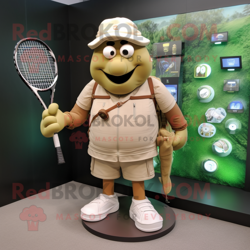 Tan Tennis Racket mascot costume character dressed with a Cargo Shorts and Digital watches