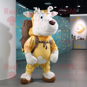 Cream Cow mascot costume character dressed with a Romper and Backpacks