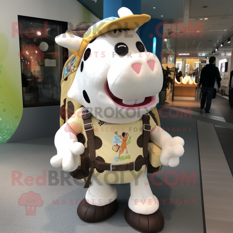 Cream Cow mascot costume character dressed with a Romper and Backpacks